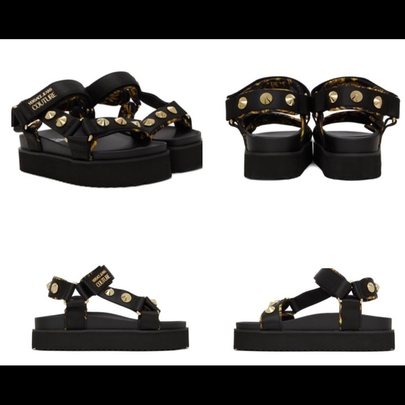 VERSACE GOLD STUDDED SANDALS , BLACK & BAROQUE PRINT WITH CHUCKY SOLES - Picture 11 of 16
